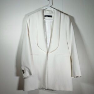Zara Oyster White Viscose Blend Long Tuxedo Blazer Jacket M